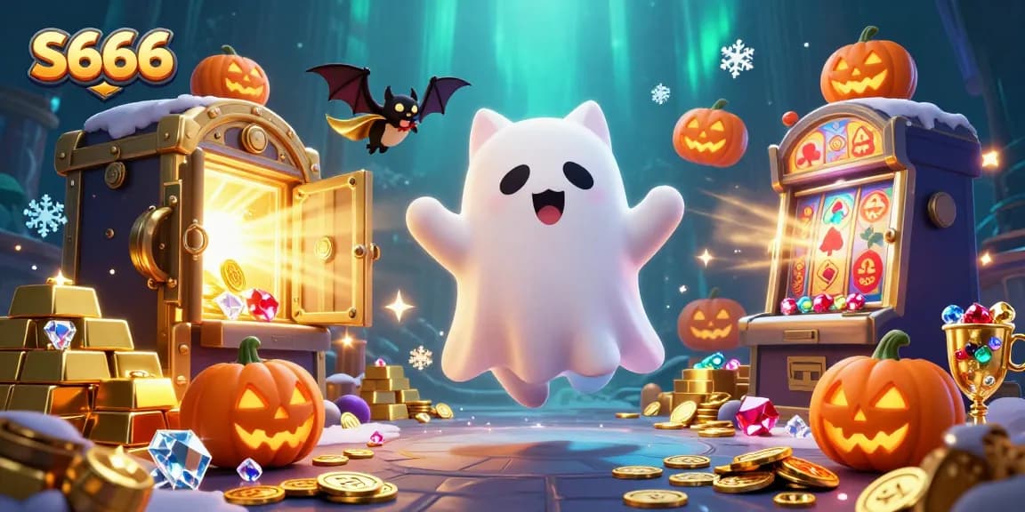 S666 captivates players with a vibrant ghost cat floating in a bustling casino scene filled with treasures.