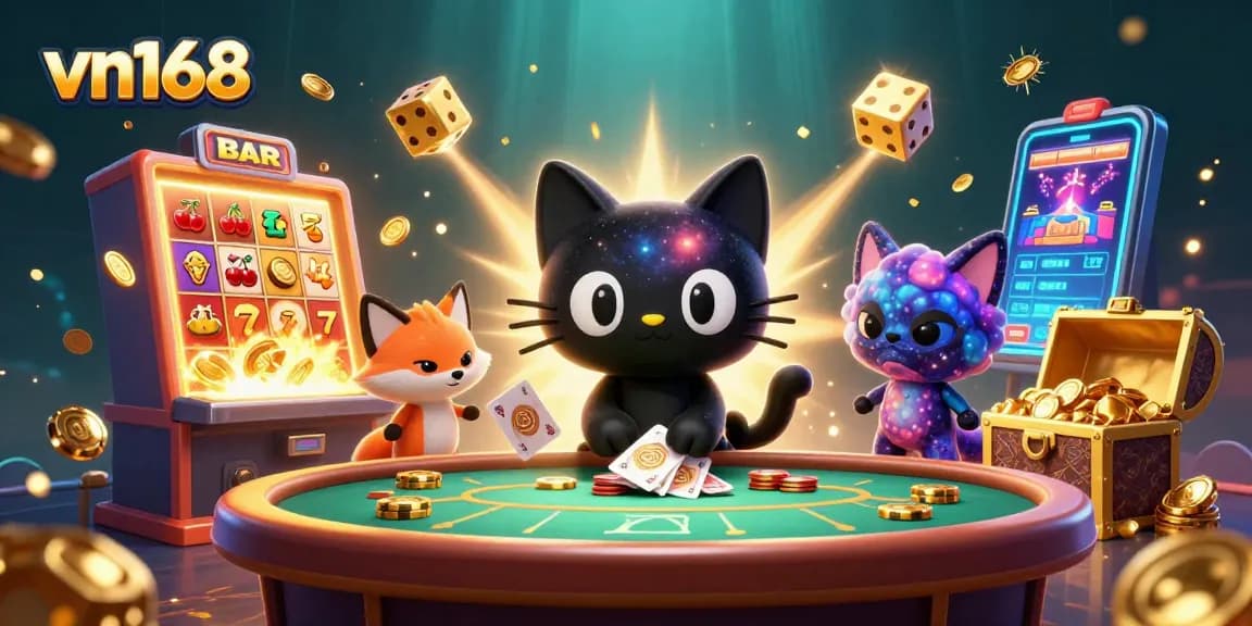 Experience thrilling gameplay with vn168 at a cosmic casino, featuring a black hole cat and a nebula fox.