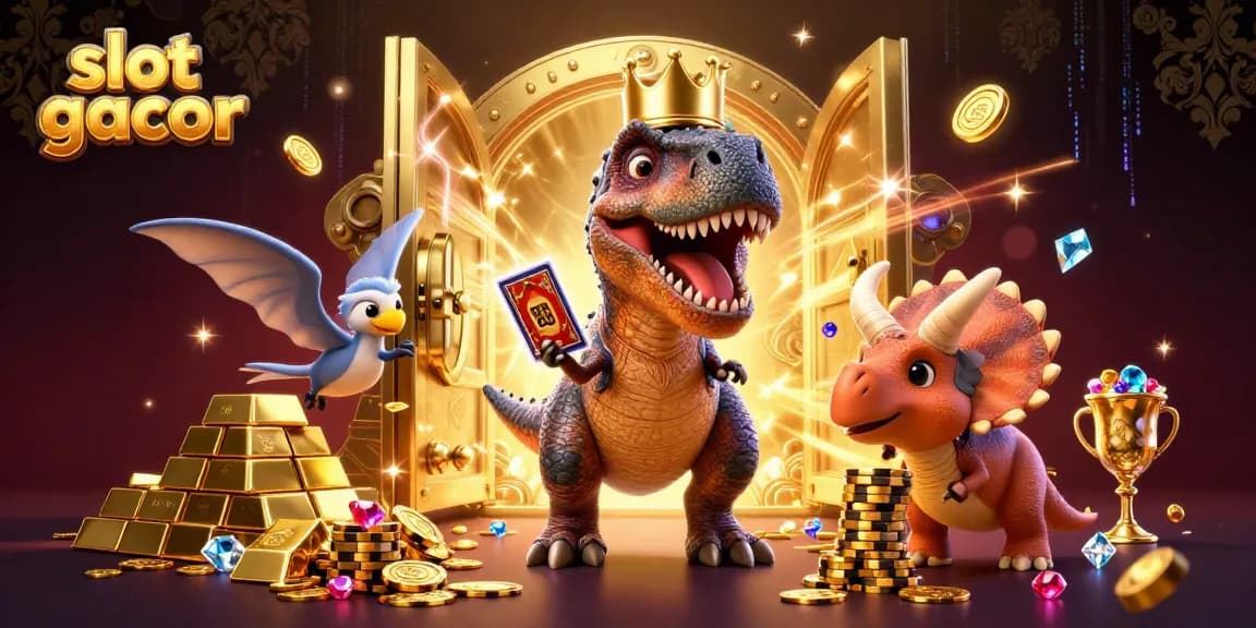 Experience the thrill of slot gacor as playful dinosaurs stack chips and shuffle cards in a dazzling casino scene.