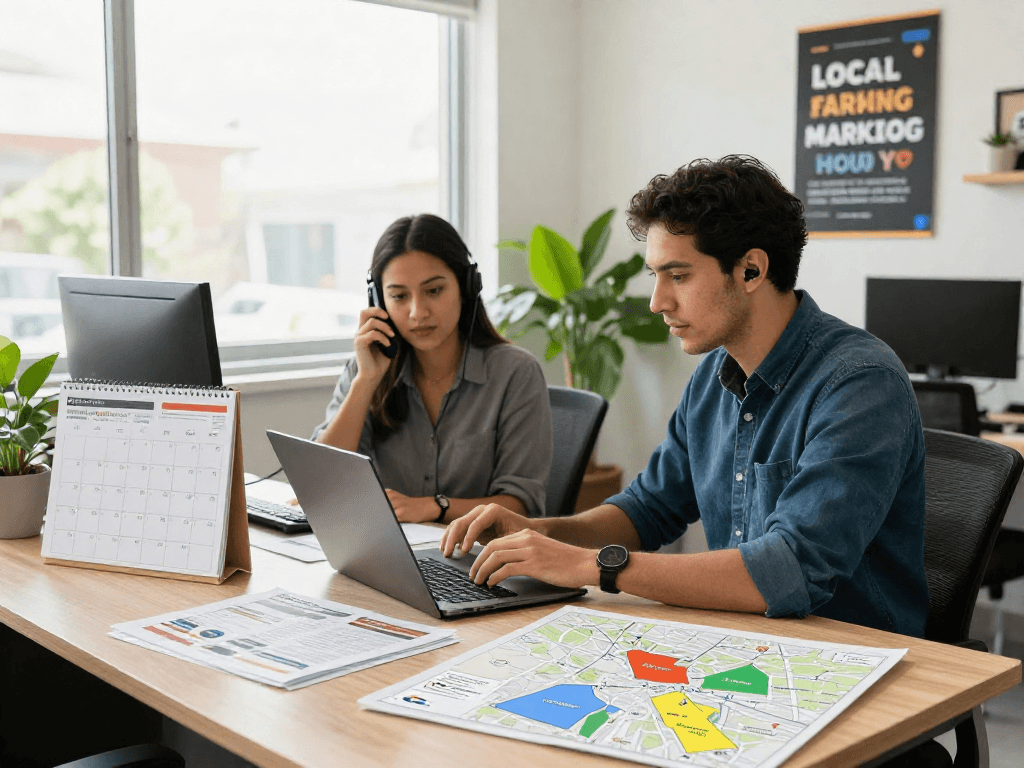 Operators analyzing Google Maps SEO services in a modern office environment, planning local dominance strategies.