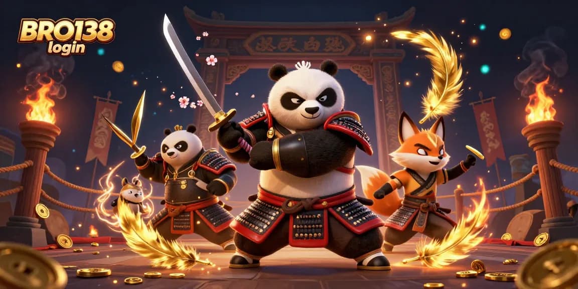 Experience fast gaming with BRO138 login featuring samurai panda, ninja fox, and a spirit tanuki surrounded by dynamic casino elements.