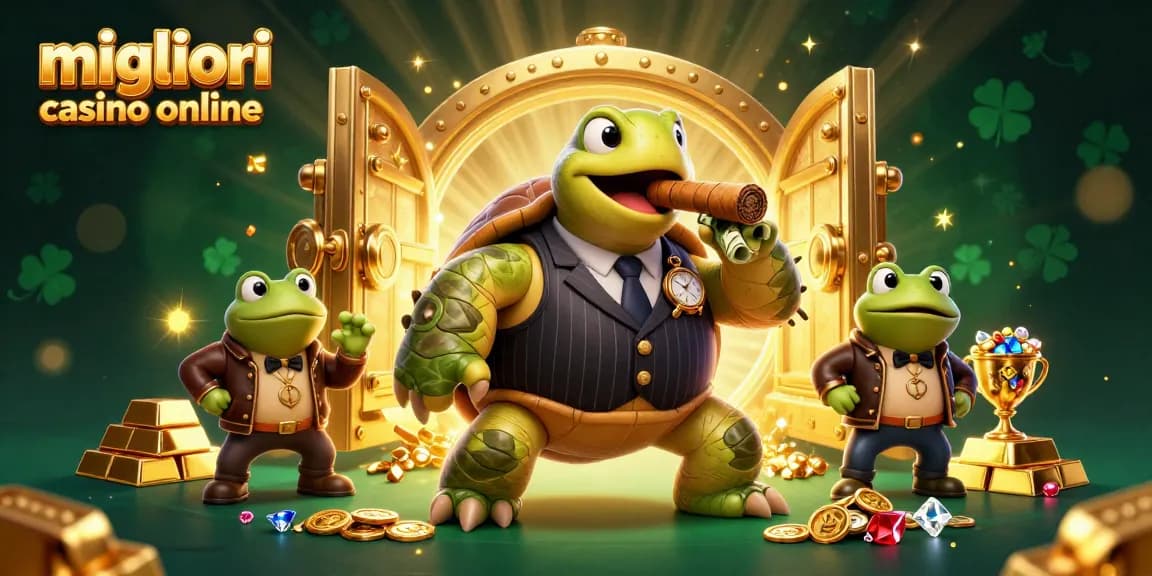 Gioca nei migliori casino online con il gangster tartaruga e le luci del casinò.