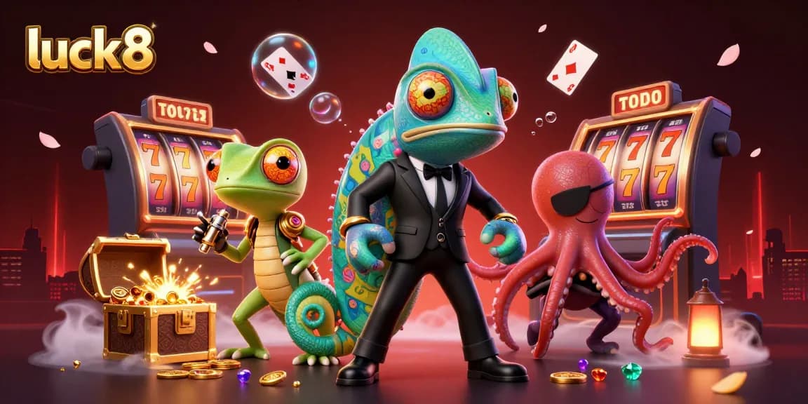 Engage in thrilling gameplay with luck8, featuring a dynamic casino scene with vibrant characters and lucky symbols.