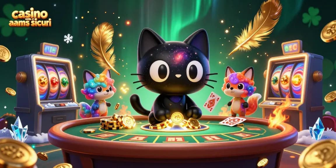Visualizza il gioco d'azzardo nei casinò non AAMS sicuri con un gatto cosmico che attira fiches e carte.