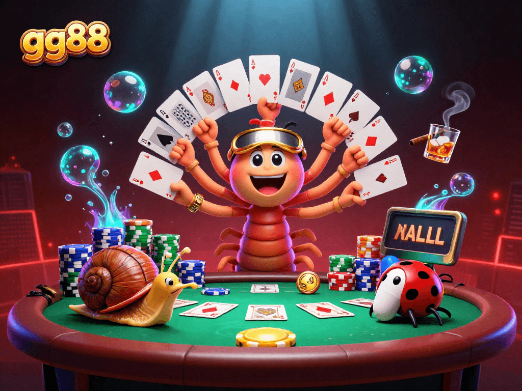 Experience thrilling action at gg88 with a vibrant illustration of a card dealer and high-rollers at play.