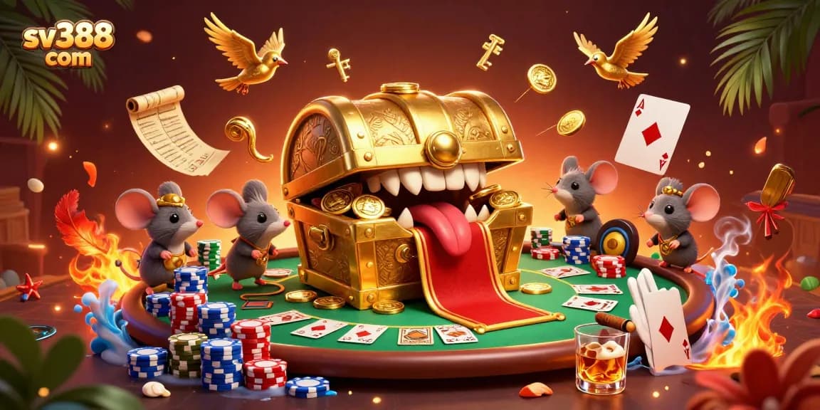 Experience the thrill of sv388 com as adventurer mice are lured by a treasure chest in a vibrant illustration.