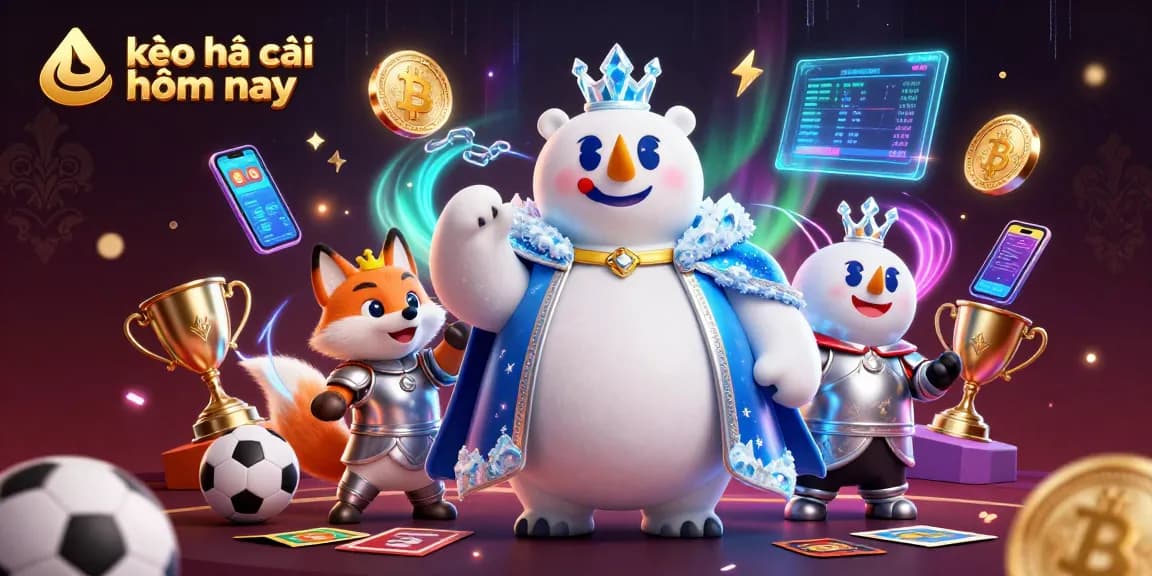 Engage with kèo nhà cái hôm nay through a vibrant, energetic illustration featuring a polar bear and silver armored snow fox amid neon crypto elements and sports betting symbols.