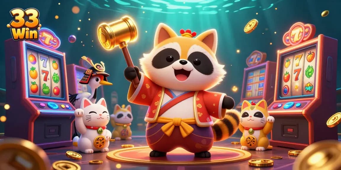 Experience thrilling gameplay with 33 Win as cheerful characters celebrate a lively casino scene.