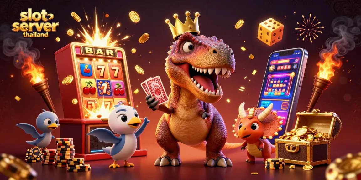Engage with slot server thailand as a T-Rex shuffles cards with friends amid a dynamite casino backdrop.