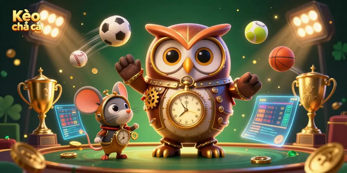 Kèo nhà cái showcases dynamic sports betting elements with a steampunk owl and clockwork mouse in a vibrant casino scene.