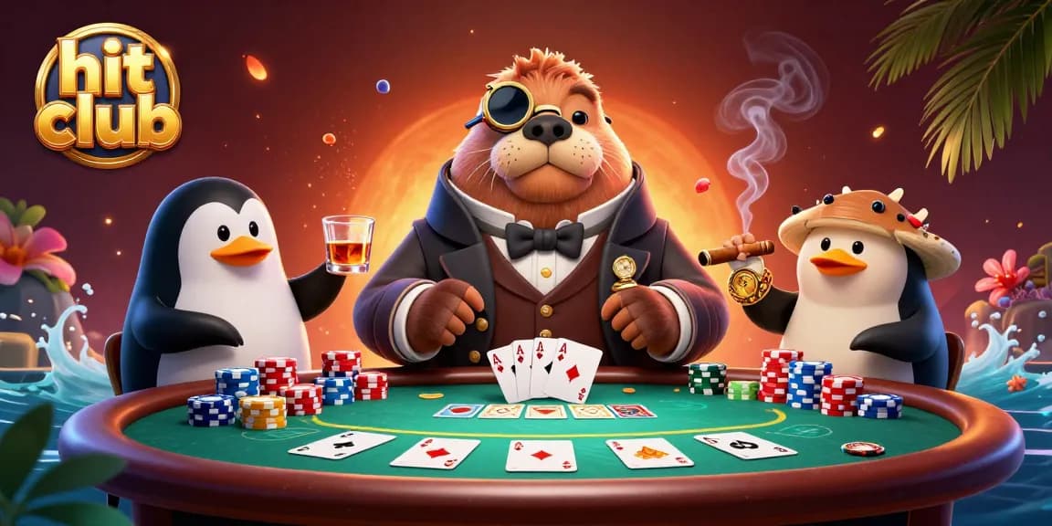 Experience high stakes at hit club with underwater poker featuring a walrus, penguin dealer, and pufferfish.