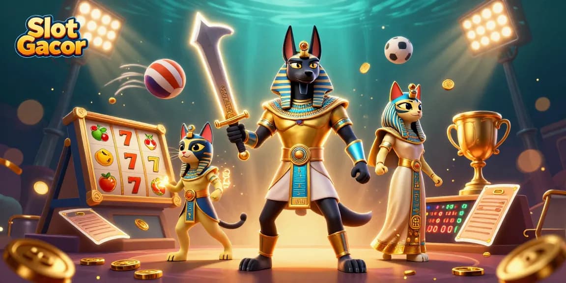 Engage in thrilling Slot Gacor action with vibrant illustration of Anubis and Bastet amidst dynamic gaming elements.