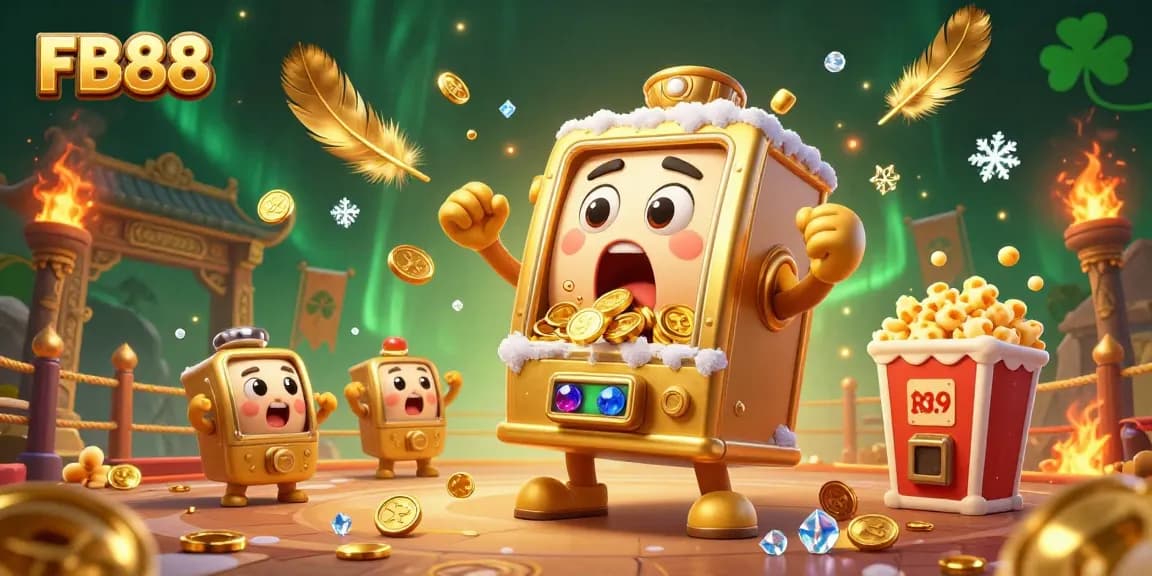 Bettors engage with FB88, celebrating casino wins alongside animated golden slot machines in a vibrant scene.