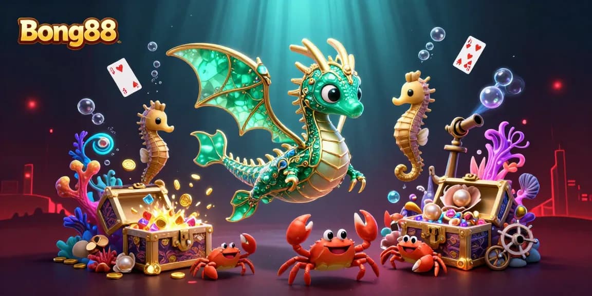 Bong88 captivates with a vibrant underwater scene featuring a majestic sea dragon and treasure chest, symbolizing thrilling casino adventures.