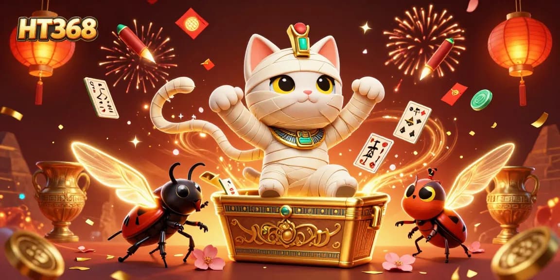 Experience thrilling gameplay with HT368 in a vibrant casino scene featuring an Egyptian mummy cat.
