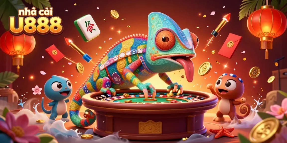 Experience vibrant action at nhà cái U888 with chameleonic charm and colorful casino elements.