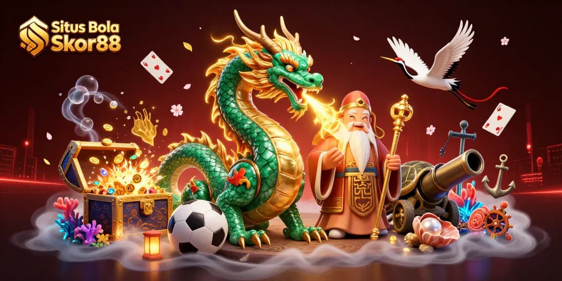 Situs Bola Skor88 showcases a vibrant illustration with a jade dragon and turtle, embodying thrilling sports betting action.