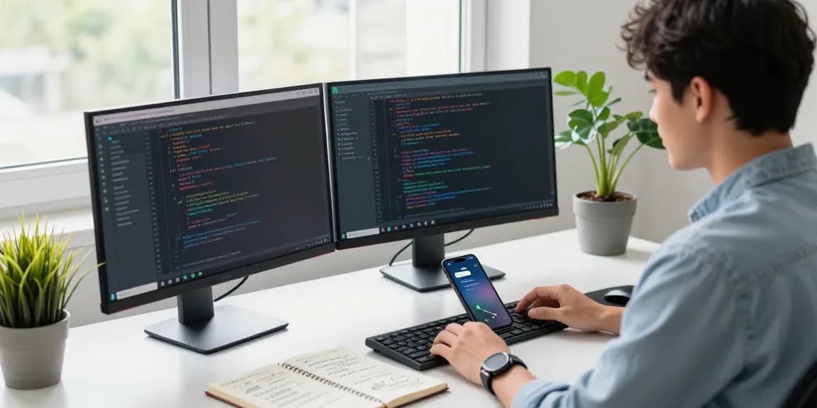 Using WhatsApp網頁版 on a desktop with dual monitors and a smartphone in a modern office