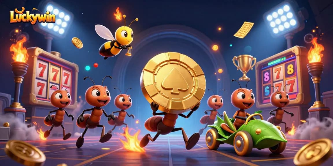 Luckywin ants heist scene featuring golden poker chip, slot reels, and vibrant casino elements