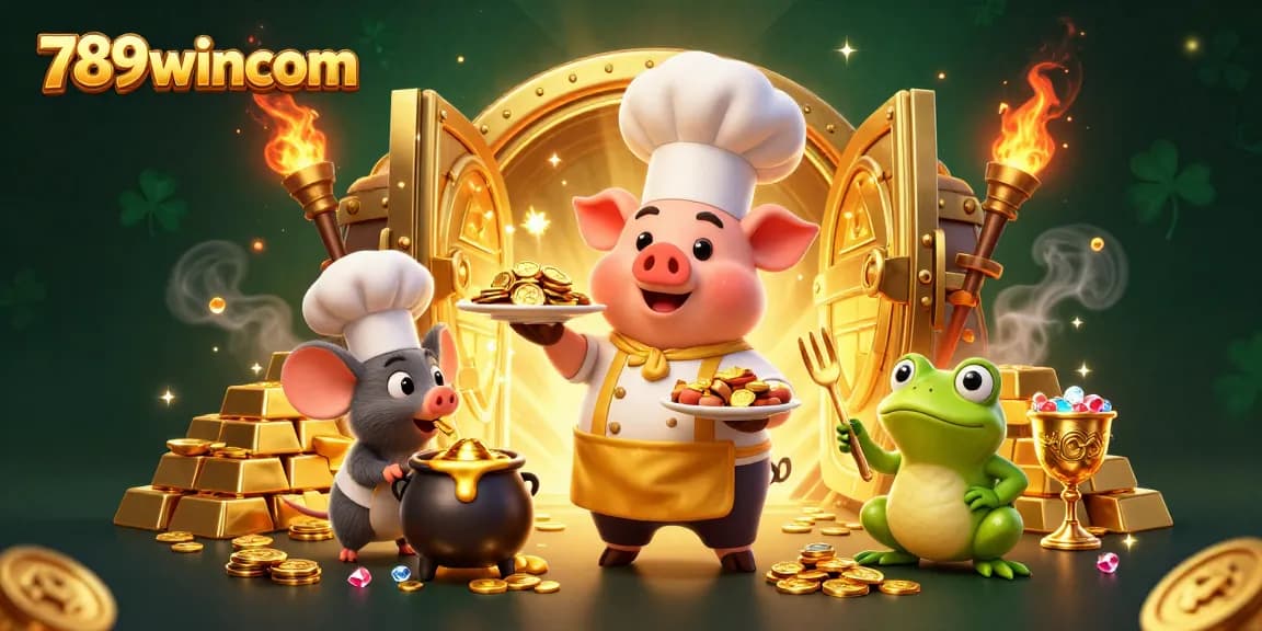 Experience thrilling wins at 789wincom with a vibrant illustration of a chef pig serving gold coins.