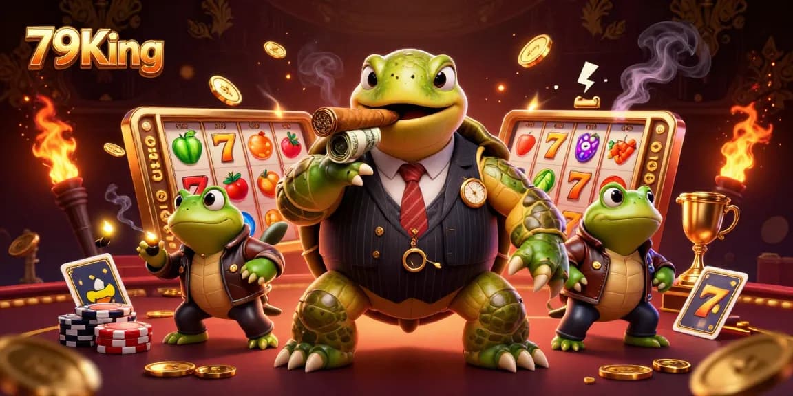 79King cartoon illustration showcasing a turtle mobster and slot game elements for engaging gaming experience.
