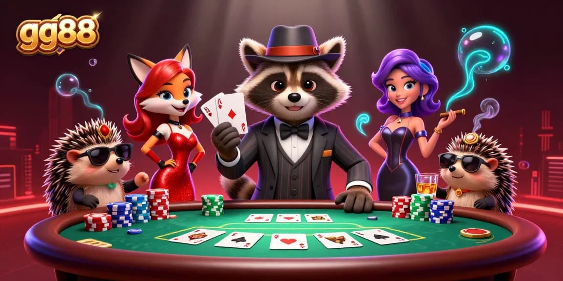 Engage with gg88's thrilling casino experience featuring vibrant characters and poker elements.