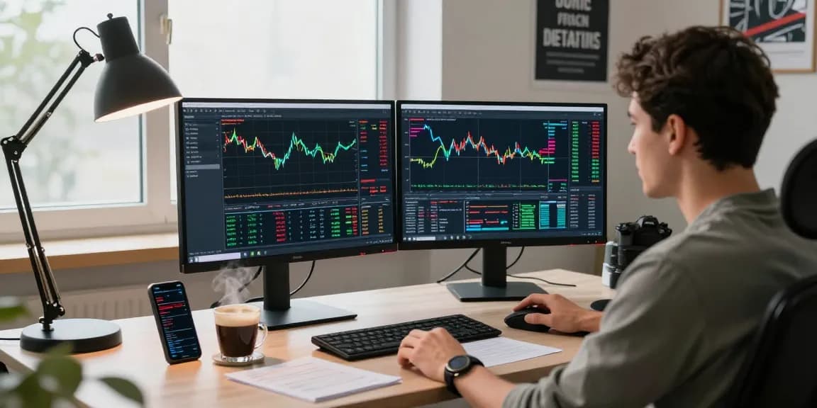 Trader using mt4 on dual monitors, displaying forex charts and indicators in a sleek workspace.