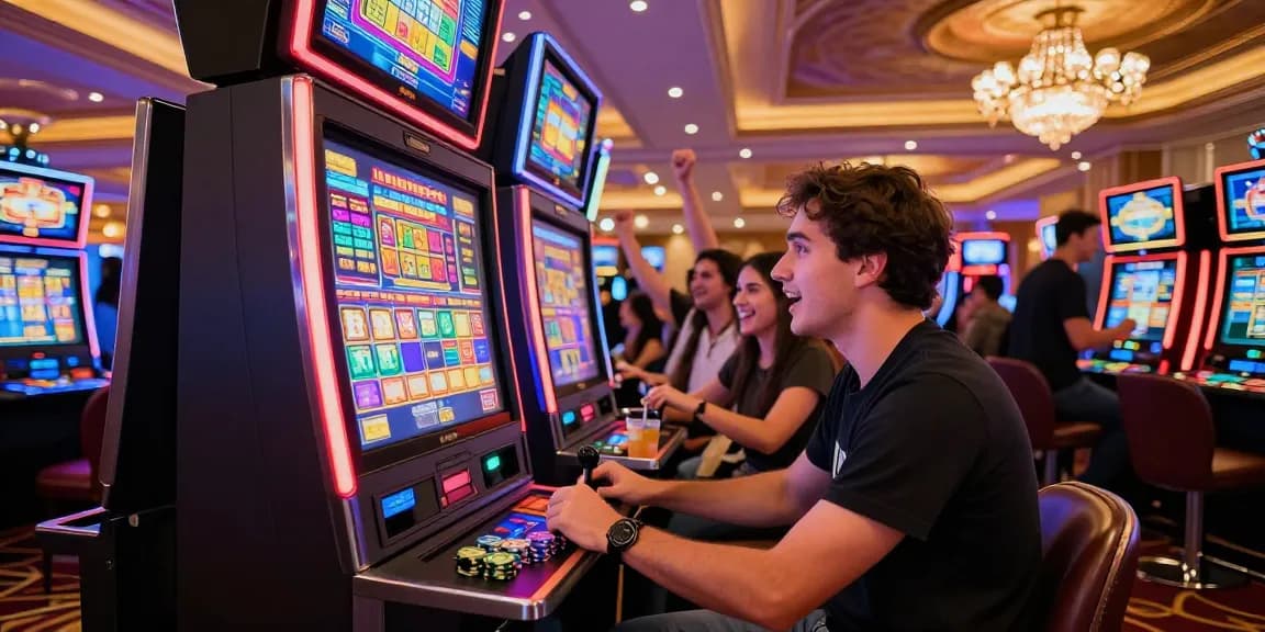 Player at a slot machine celebrating a slot jackpot win amidst a lively casino atmosphere.