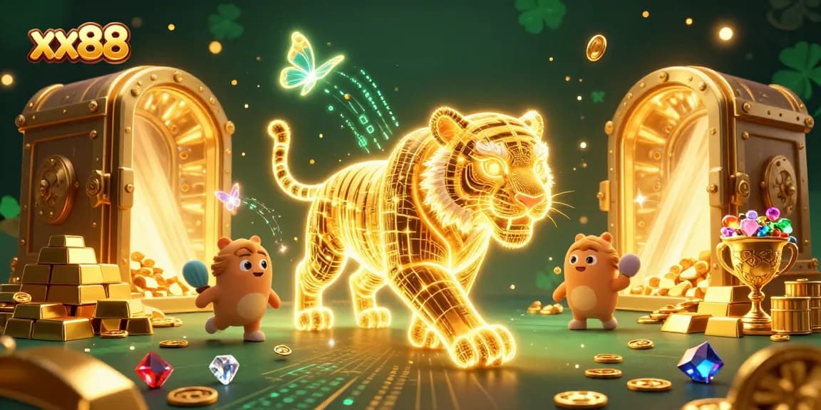 Experience the thrill of xx88 with a vibrant casino scene featuring a neon tiger and treasure.