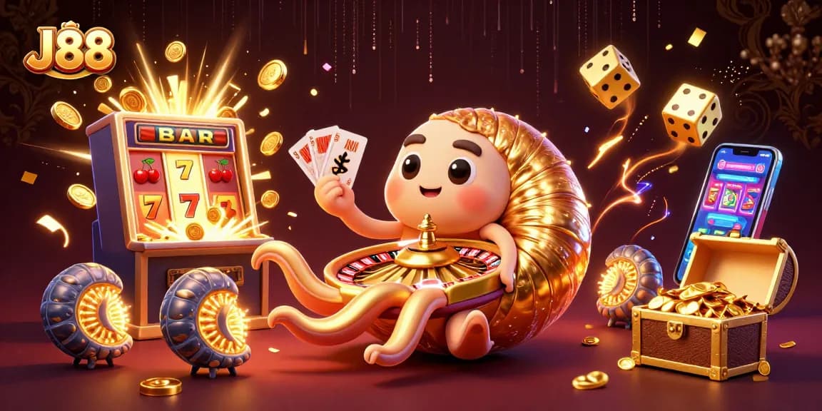 Experience thrilling wins at J88 with a vibrant casino scene featuring a giant nautilus and jackpot explosion.