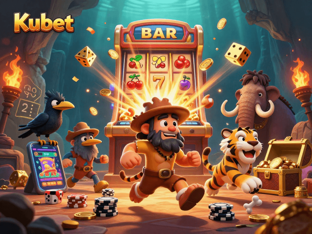 Kubet casino illustration depicting a caveman and sabertooth tiger in a vibrant, prehistoric gambling scene.