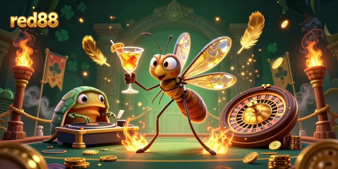 Experience the thrill of red88 with a vibrant 3D casino scene featuring unique characters and gambling icons.
