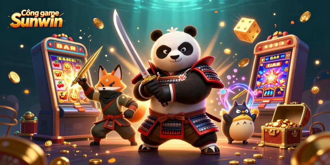 Cổng game Sunwin showcases thrilling gaming energy with samurai panda and ninja fox amid slot machines and jackpot excitement.
