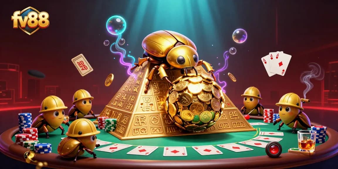 Roll the enormous golden coin ball at fv88, featuring a team of colorful cartoon beetles among poker and casino symbols.