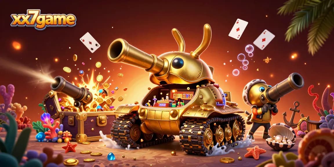 Experience the vibrant world of xx7game with a golden beetle tank revealing a miniature casino inside.