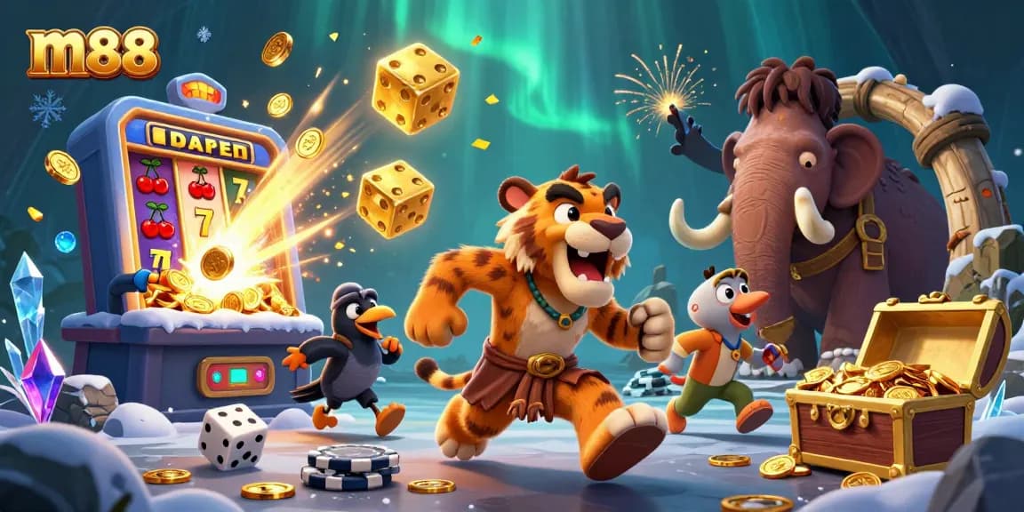Immerse in the m88 gaming experience with lively cartoon characters at a prehistoric casino.