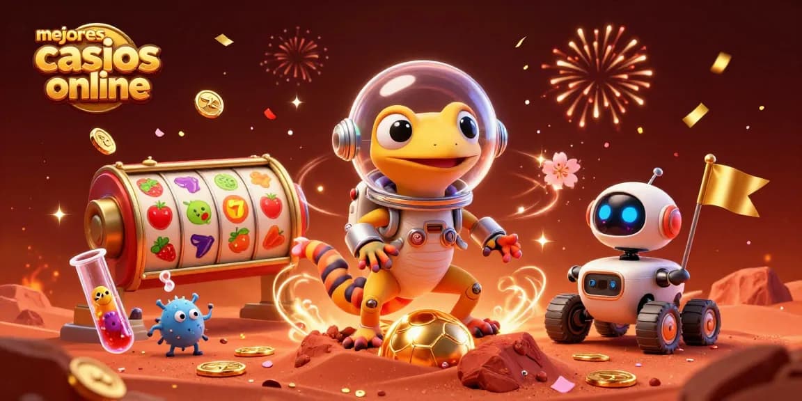 Disfruta los mejores casinos online con una ilustración colorida y divertida mostrando un gecko marciano y un robot en un casino dorado.