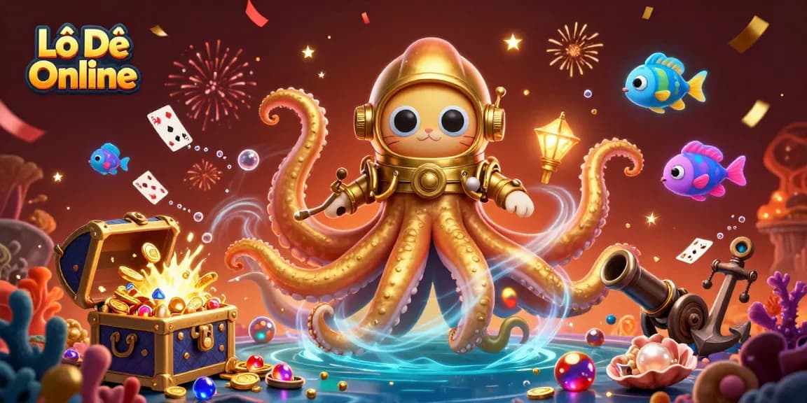 Engage with the thrilling Lô Đề Online scene featuring a kraken, diving cat, and bioluminescent fish amidst treasure.