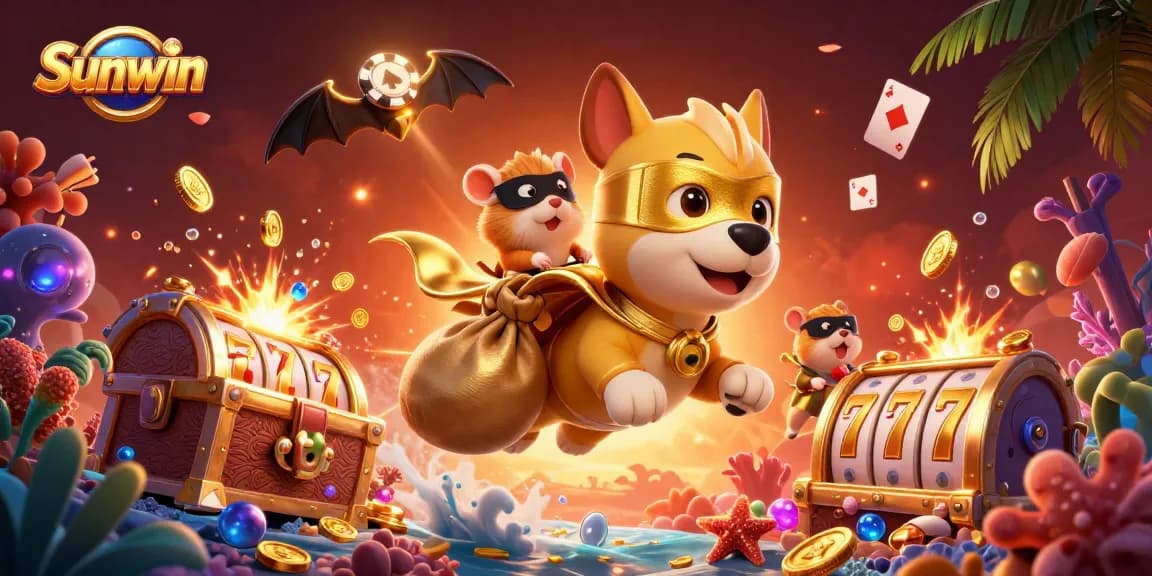 Sunwin slots illustration featuring a superhero dog and hamster with a poker chip signal.