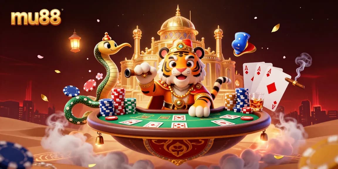 Engage with thrilling mu88 action where the tiger sultan on a poker chip carpet brings vibrant casino glory to life.