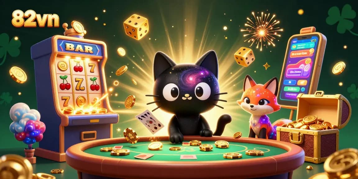 Engage in thrilling casino action with 82vn as a cosmic cat captures chips and cards in a vibrant gaming scene.
