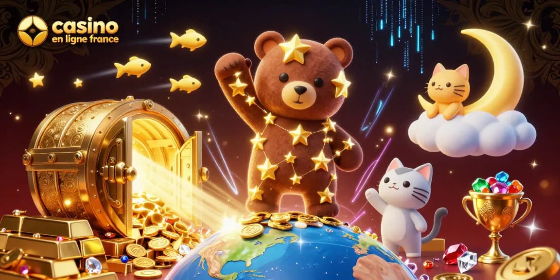 Jouez au casino en ligne en France avec des étoiles dorées, des trésors scintillants et des éléments captivants.