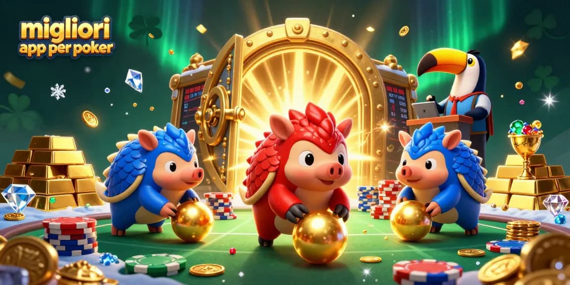 Migliori app per poker: pangolini rivali in un torneo di poker con montagne di gettoni e tesori dorati.
