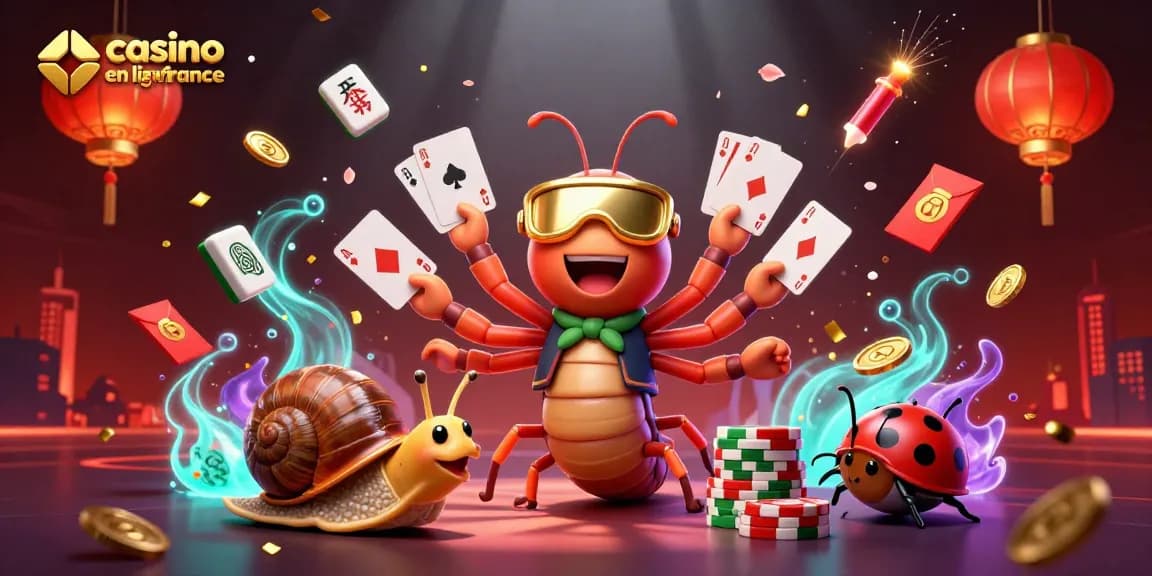 Casino en ligne France : Illustration dynamique de personnages 3D amenant l'excitation du jeu avec des éléments de casino colorés.