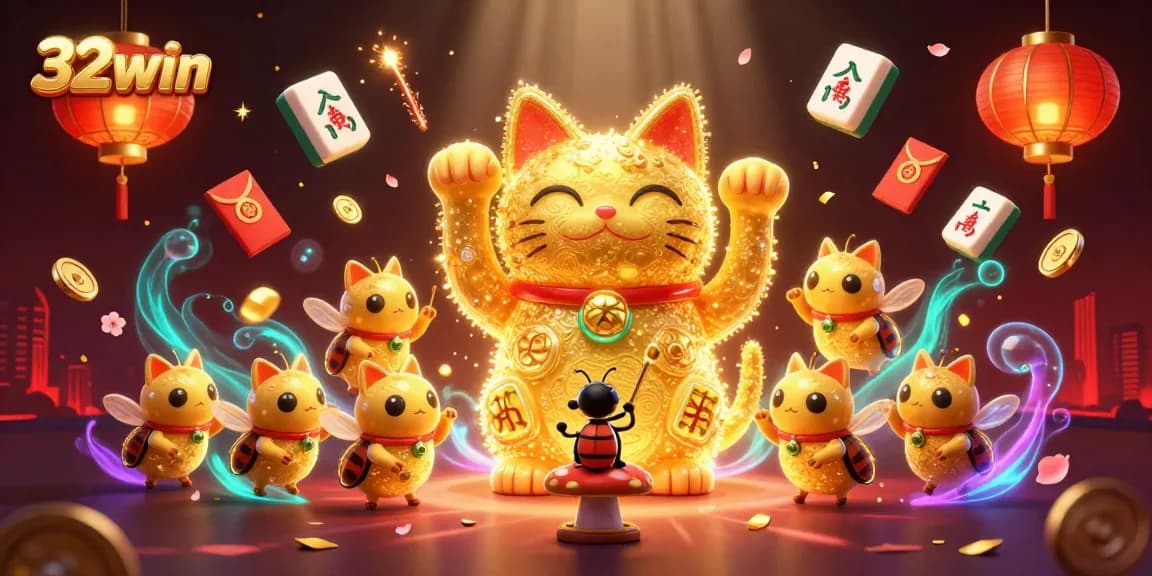 Experience vibrant gameplay at 32win with a dynamic lucky cat scene surrounded by lucky symbols.