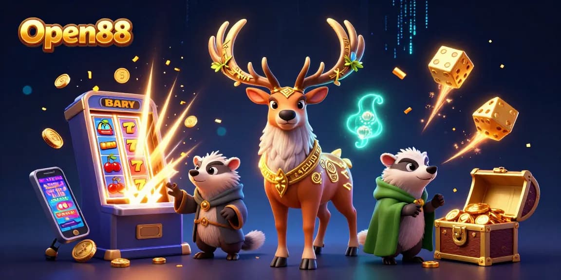 Open88 offers an exciting casino experience with a vibrant 3D illustration showcasing thrilling slot games and magical characters.