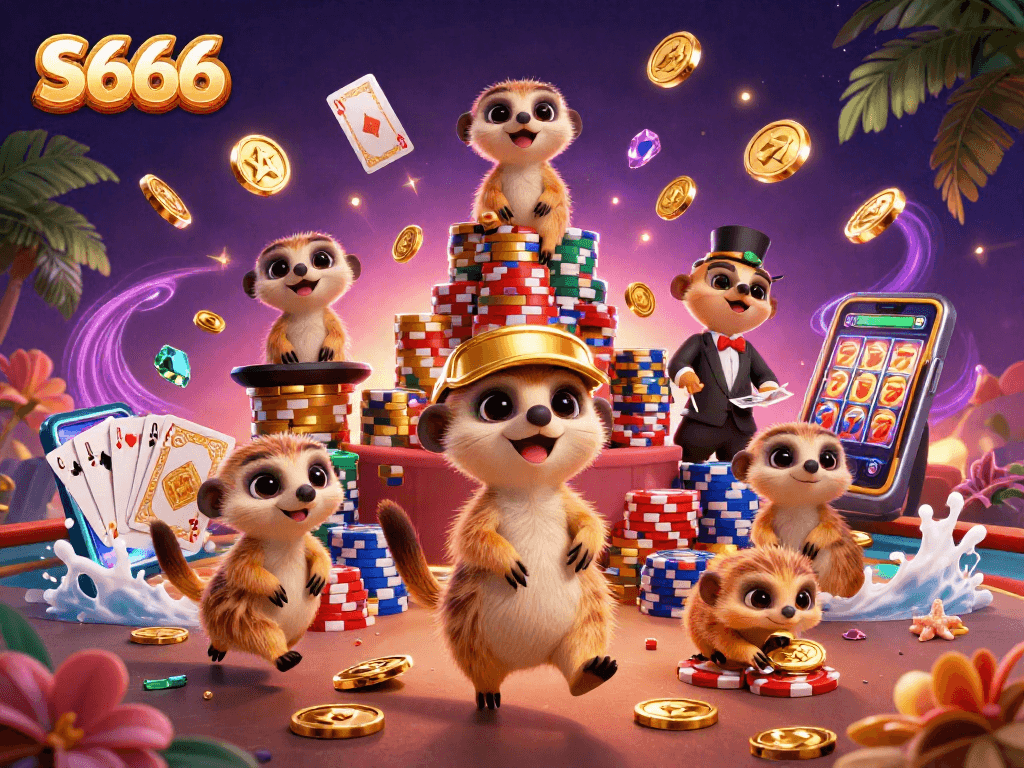 S666 shows meerkat characters energetically running a vibrant casino with chip towers and cards.