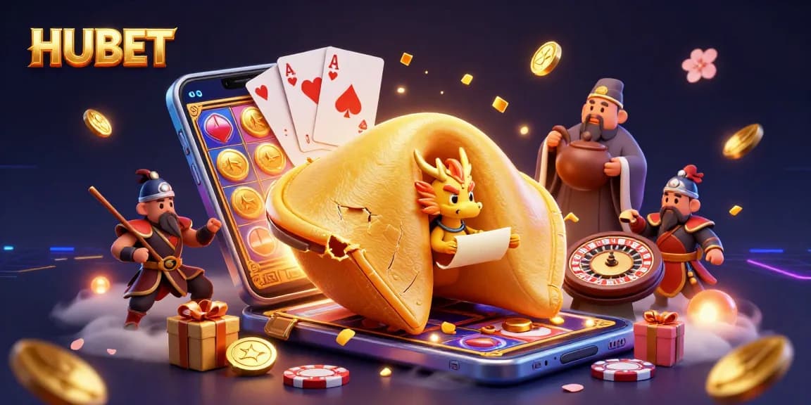 HUBET offers thrilling experiences with a giant fortune cookie illustration depicting action-packed gambling elements.