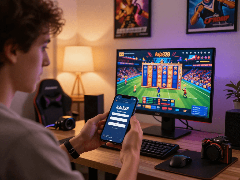 Player engaging with the raja328 online betting platform from home, showcasing excitement in a gaming environment.