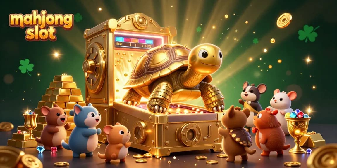 Experience the excitement of mahjong slot with a vibrant 3D illustration of a golden tortoise and treasure elements.